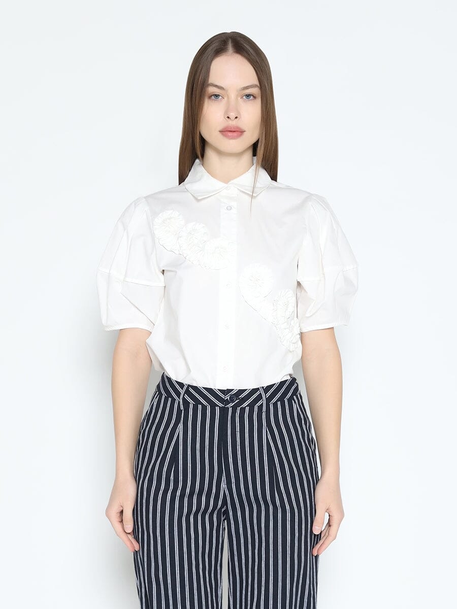 Flower Front Short Sleeve Cotton Shirt TOP Gracia Fashion WHITE S 