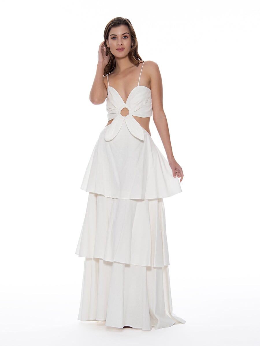 Flower Petal Strap Top Cut-Out Layered Maxi Dress DRESS Gracia Fashion WHITE S 
