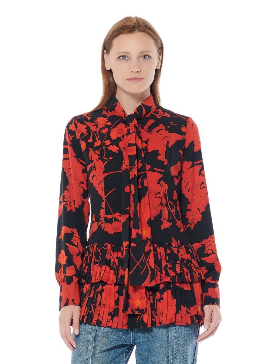 Flower Print Bottom Pleats Neck Strap Blouse TOP Gracia Fashion BLACK/RED S 