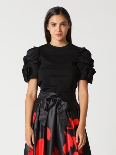 Flower Ruffle Short Sleeves Solid Top TOP Gracia Fashion BLACK S 
