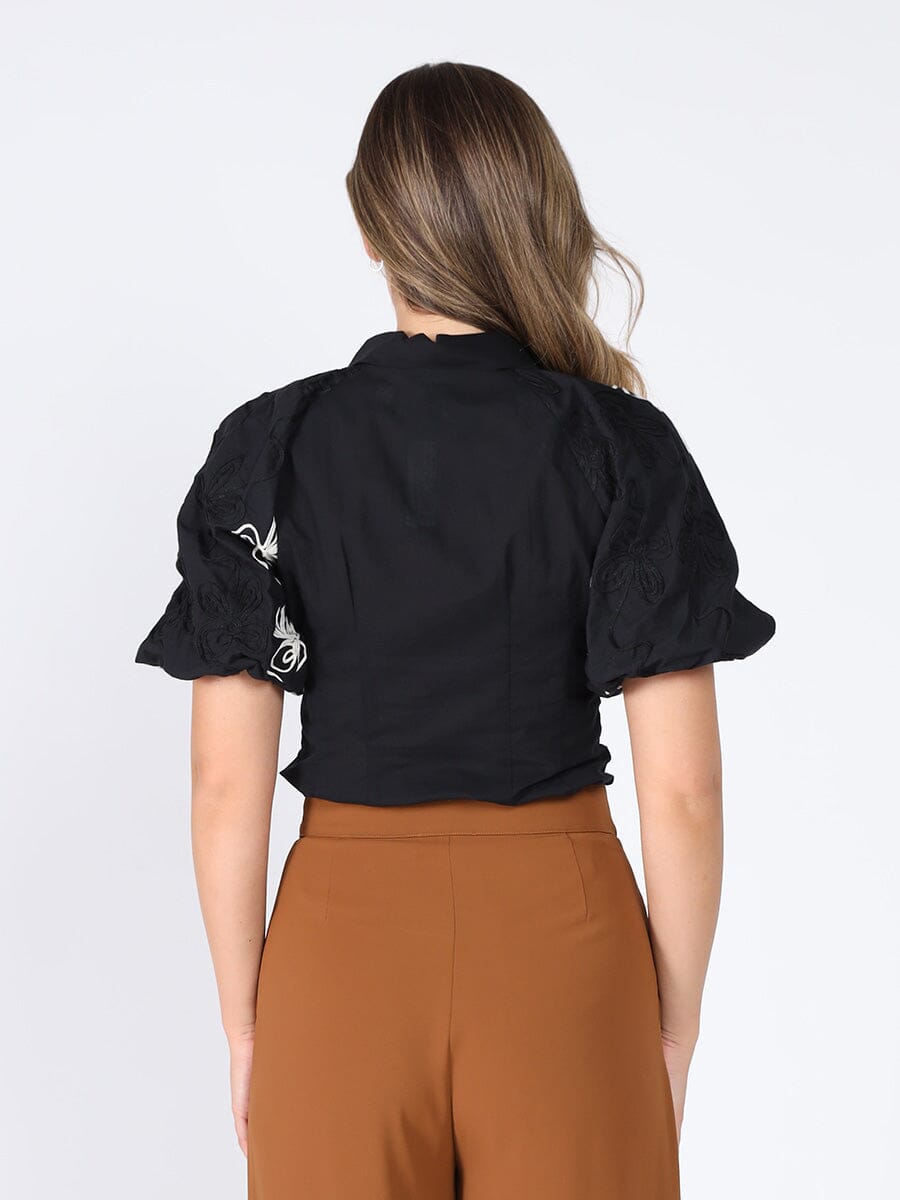 Flower stitch puffed sleeve shirt TOP Gracia Fashion 