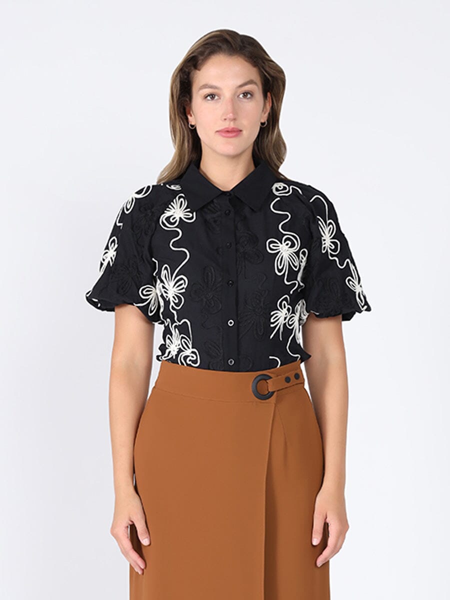 Flower stitch puffed sleeve shirt TOP Gracia Fashion BLACK S 