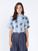 Flower stitch puffed sleeve shirt TOP Gracia Fashion BLUE S 