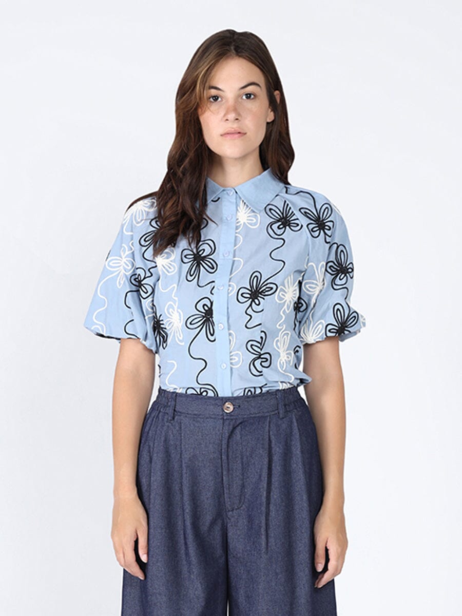 Flower stitch puffed sleeve shirt TOP Gracia Fashion BLUE S 