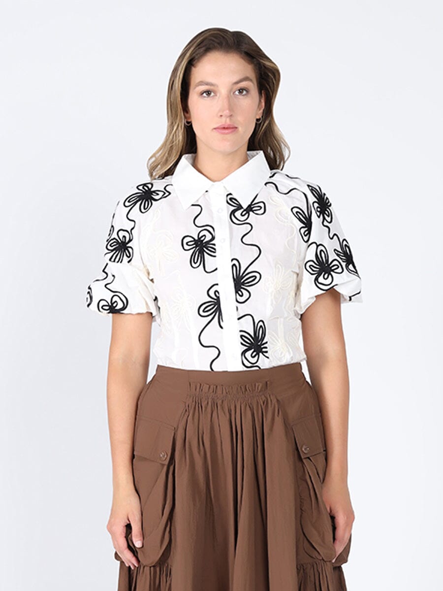 Flower stitch puffed sleeve shirt TOP Gracia Fashion O/WHITE S 