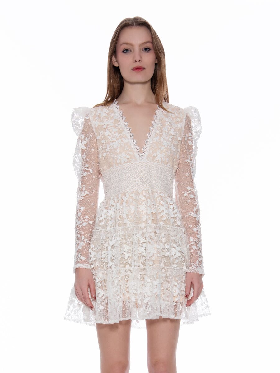 Flowery Embroidered Lace V-Neck Mesh Mini Dress DRESS Gracia Fashion WHITE S 