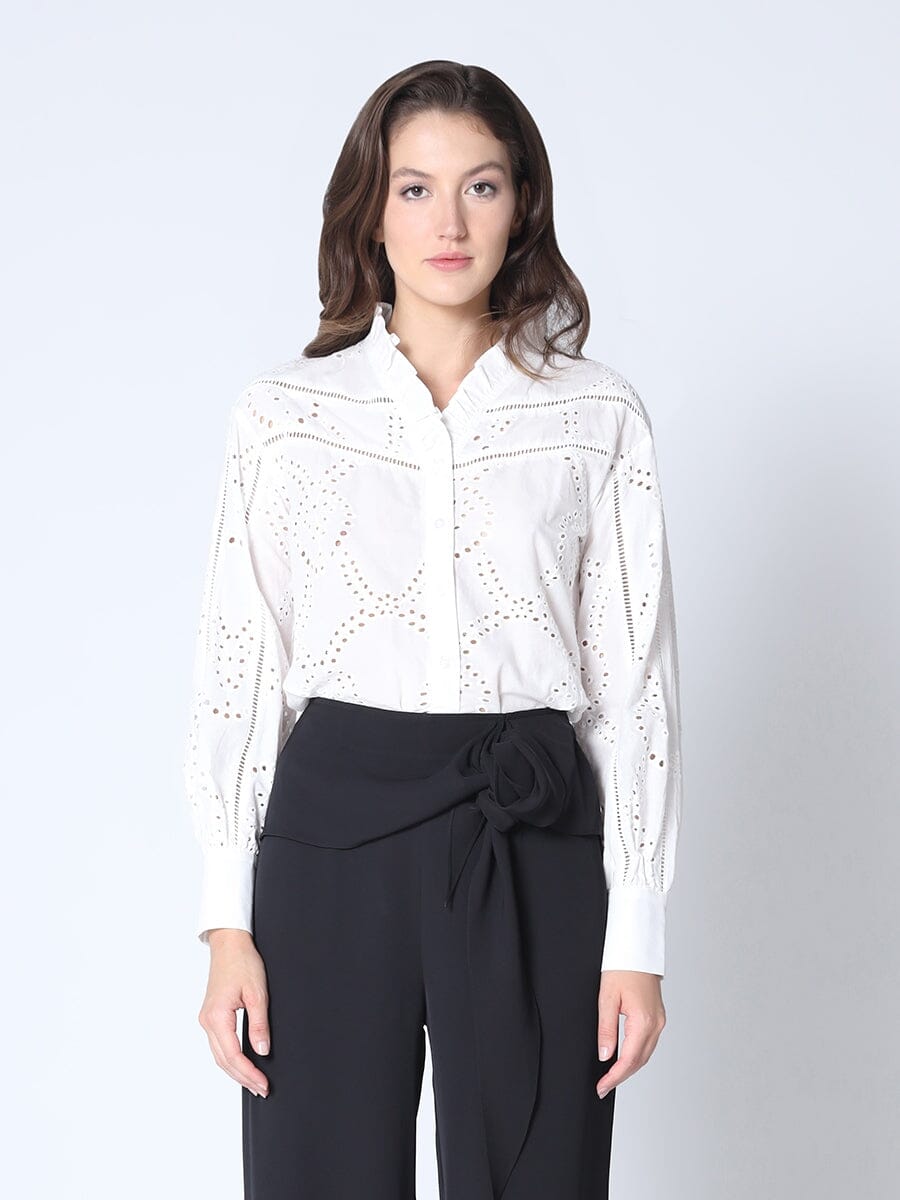 Frill V-neck Eyelet Shirt TOP Gracia Fashion WHITE S 