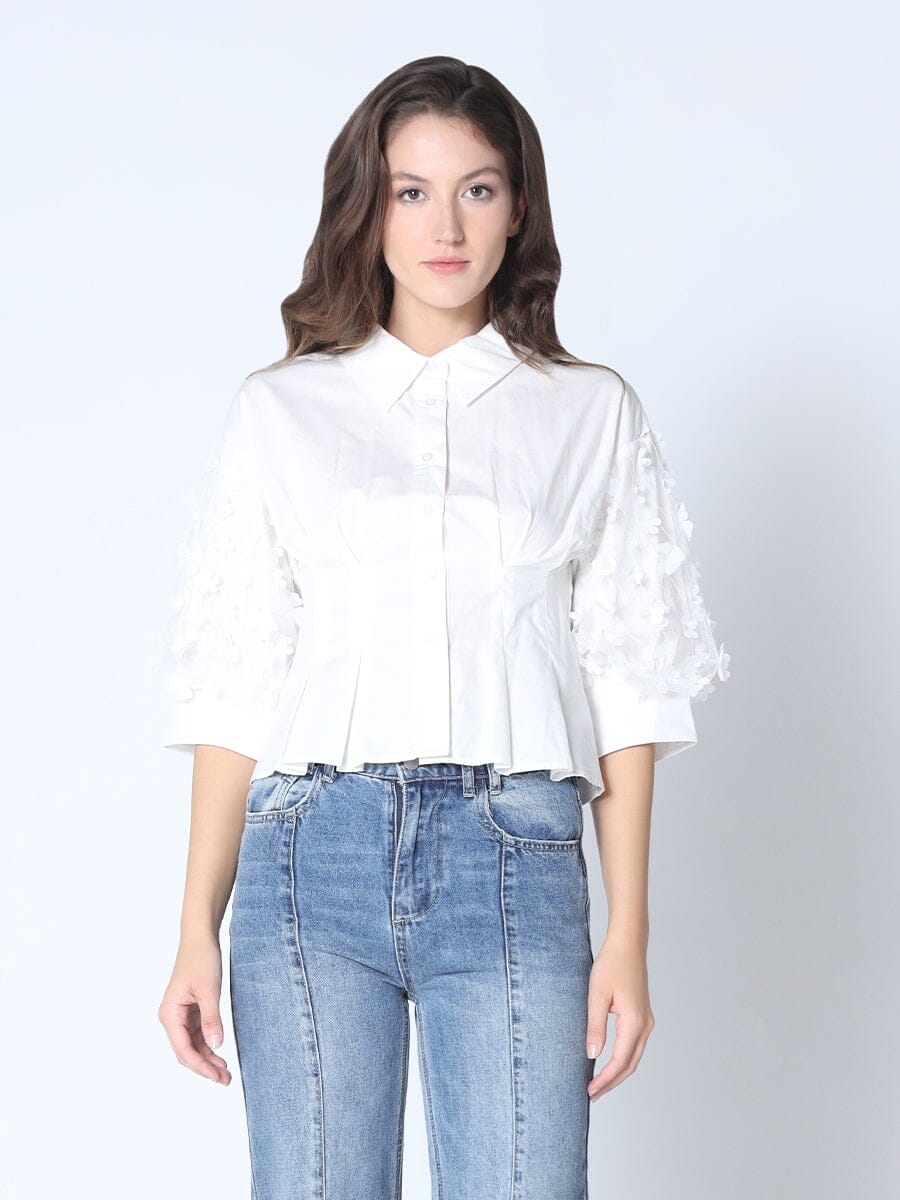 Fringe Sleeve Pleats Blouse TOP Gracia Fashion WHITE S 
