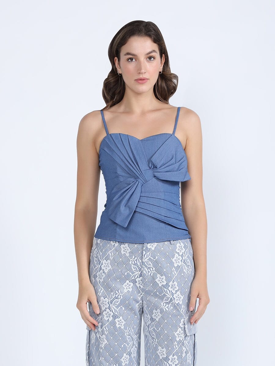 Front Bow-Tie Smoked Back Bustier Top TOP Gracia Fashion DENIM S 