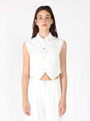 Front Button Open-Bottom Hem Sleeveless Top SET Gracia Fashion WHITE S 