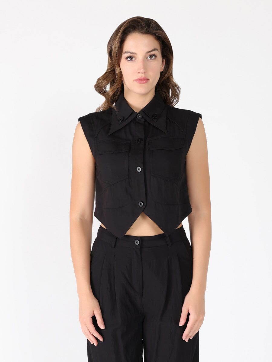 Front button open v-bottom hem sleeveless top SET Gracia Fashion BLACK S 