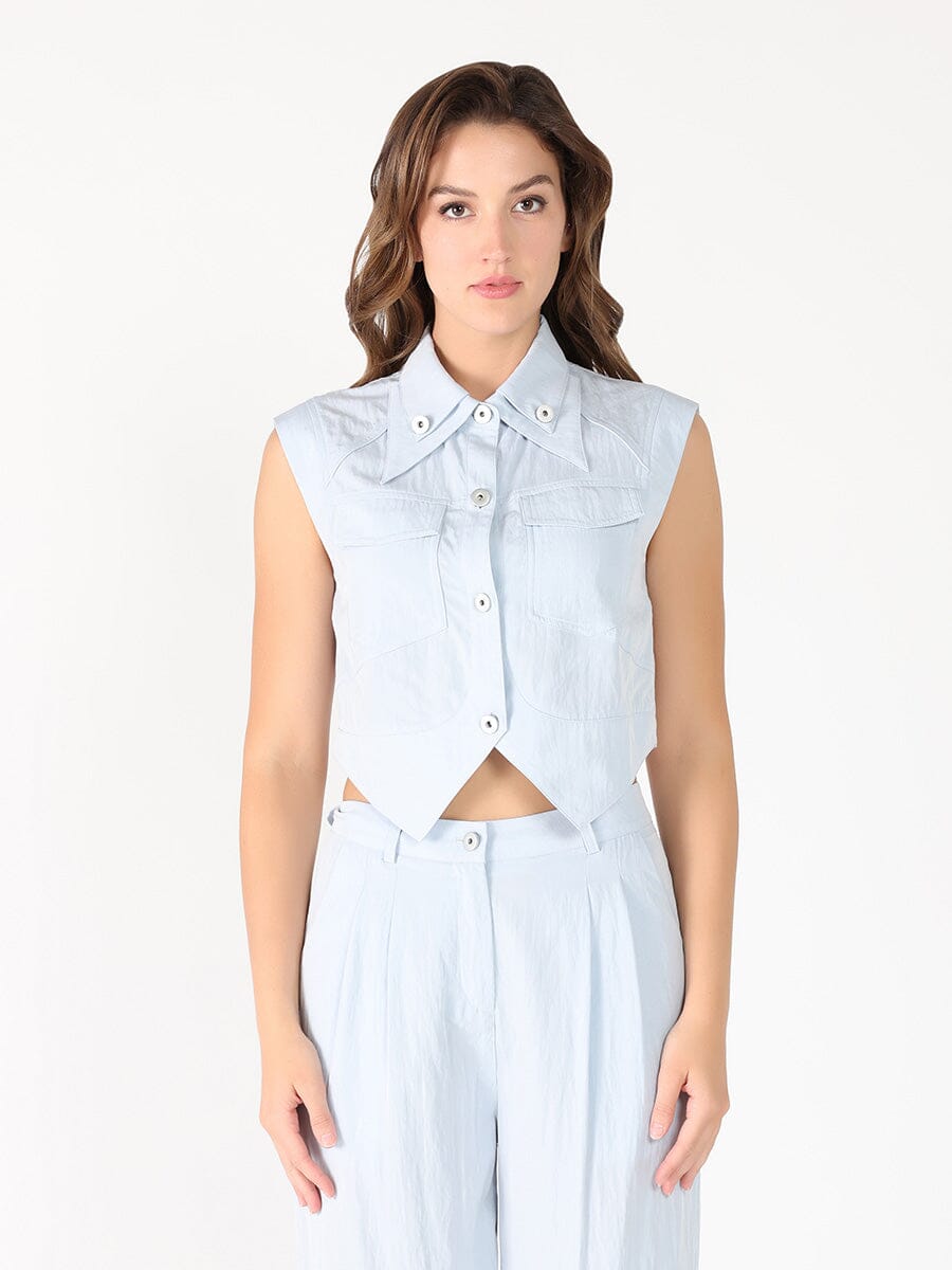 Front button open v-bottom hem sleeveless top SET Gracia Fashion L/BLUE S 