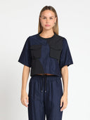 Front Pockets Short Sleeve Crop Top TOP Gracia Fashion NAVY S 