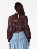 Front ruffle detailed balloon sleeve dot print TOP Gracia Fashion 