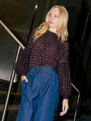 Front ruffle detailed balloon sleeve dot print TOP Gracia Fashion BROWN S 