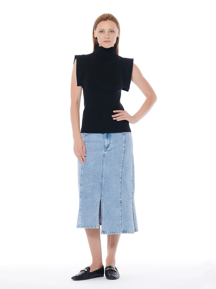 Front & Side Slit Straight Cut Midi Denim Skirt - Gracia Fashion