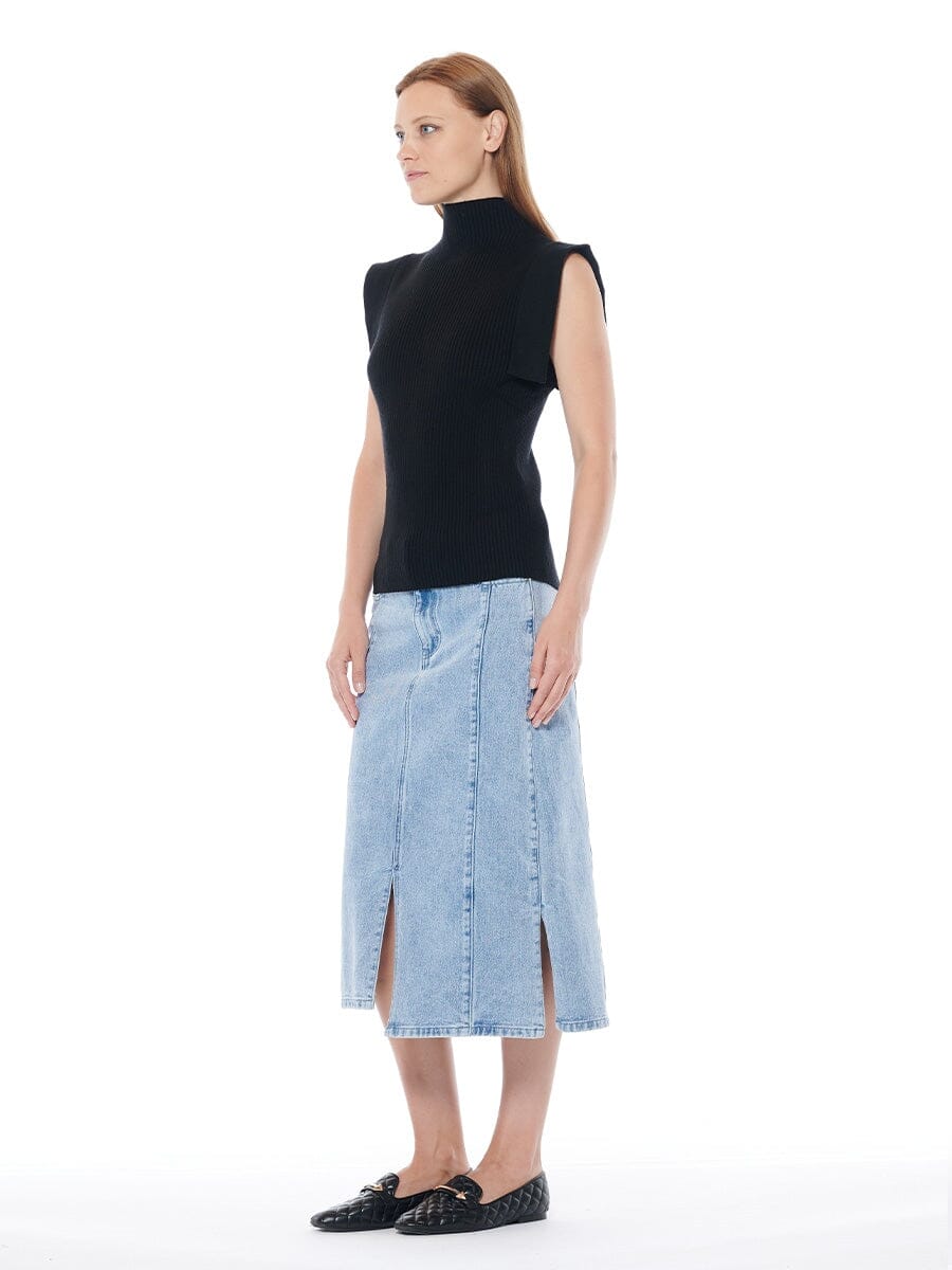 Front &amp; Side Slit Straight Cut Midi Denim Skirt SKIRT Gracia Fashion 