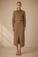 Front Slit Curved Panel Detail Midi Skirt SKIRT Gracia Fashion BROWN S 