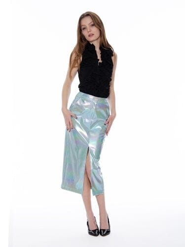 Front Slit Metallic Pleather Pencil Skirt SKIRT Gracia Fashion L/BLUE S 