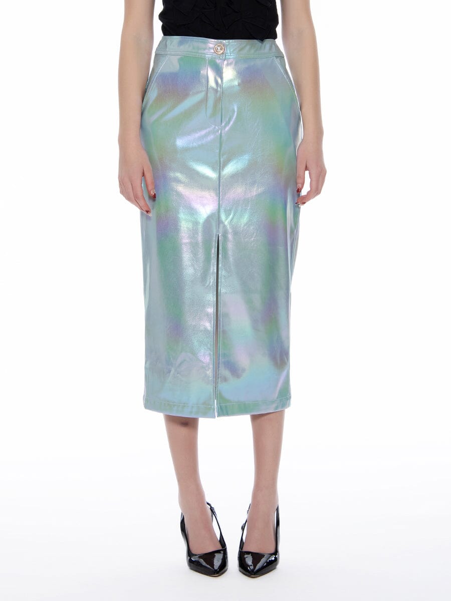 Front Slit Metallic Pleather Pencil Skirt SKIRT Gracia Fashion L/BLUE S 