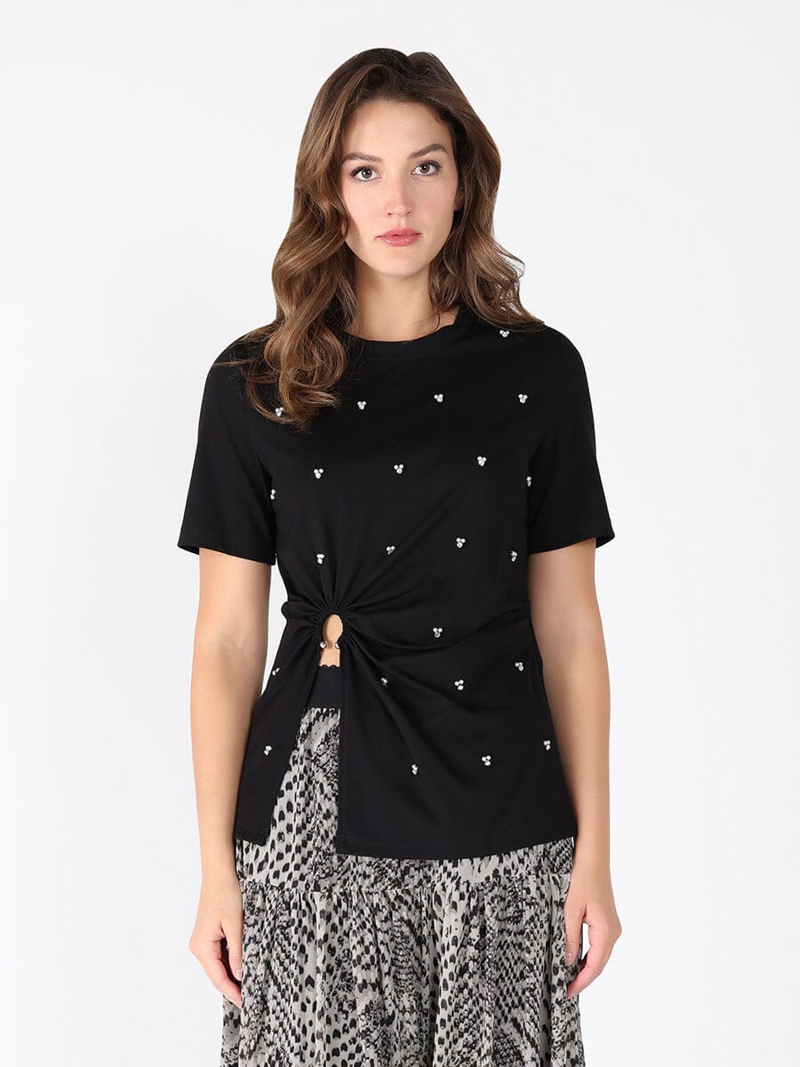 Front Stone Work Side Slit Crew Neck Top TOP Gracia Fashion BLACK S 