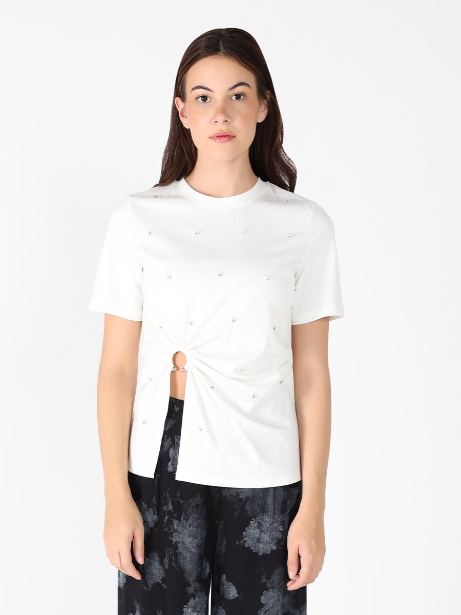 Front Stone Work Side Slit Crew Neck Top TOP Gracia Fashion WHITE S 
