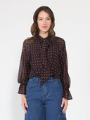 Front Tie Long Sleeve Dot Print Top TOP Gracia Fashion BROWN S 