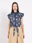 Full fabric design work with bottom bow top TOP Gracia Fashion NAVY S 