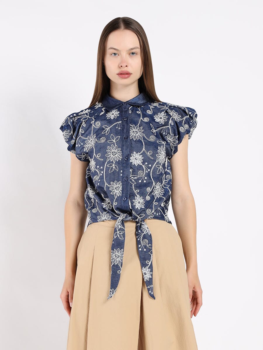 Full fabric design work with bottom bow top TOP Gracia Fashion NAVY S 