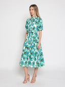 Gathered neck floral print belt dress TOP Gracia Fashion 