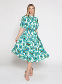 Gathered neck floral print belt dress TOP Gracia Fashion 