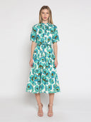Gathered neck floral print belt dress TOP Gracia Fashion GREEN S 