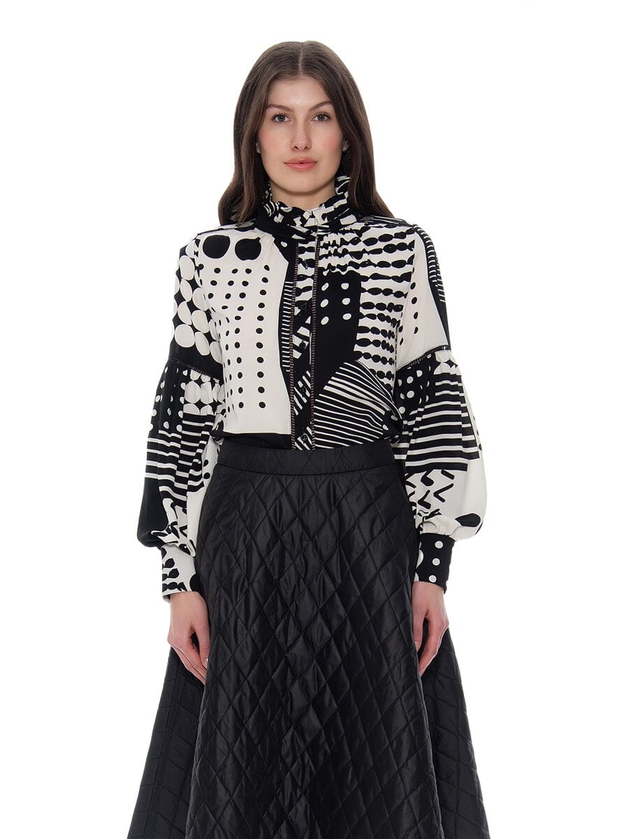 Geometric Print Ruffle Neck Long Cuff Sleeve Top TOP Gracia Fashion BLACK/WHITE S 