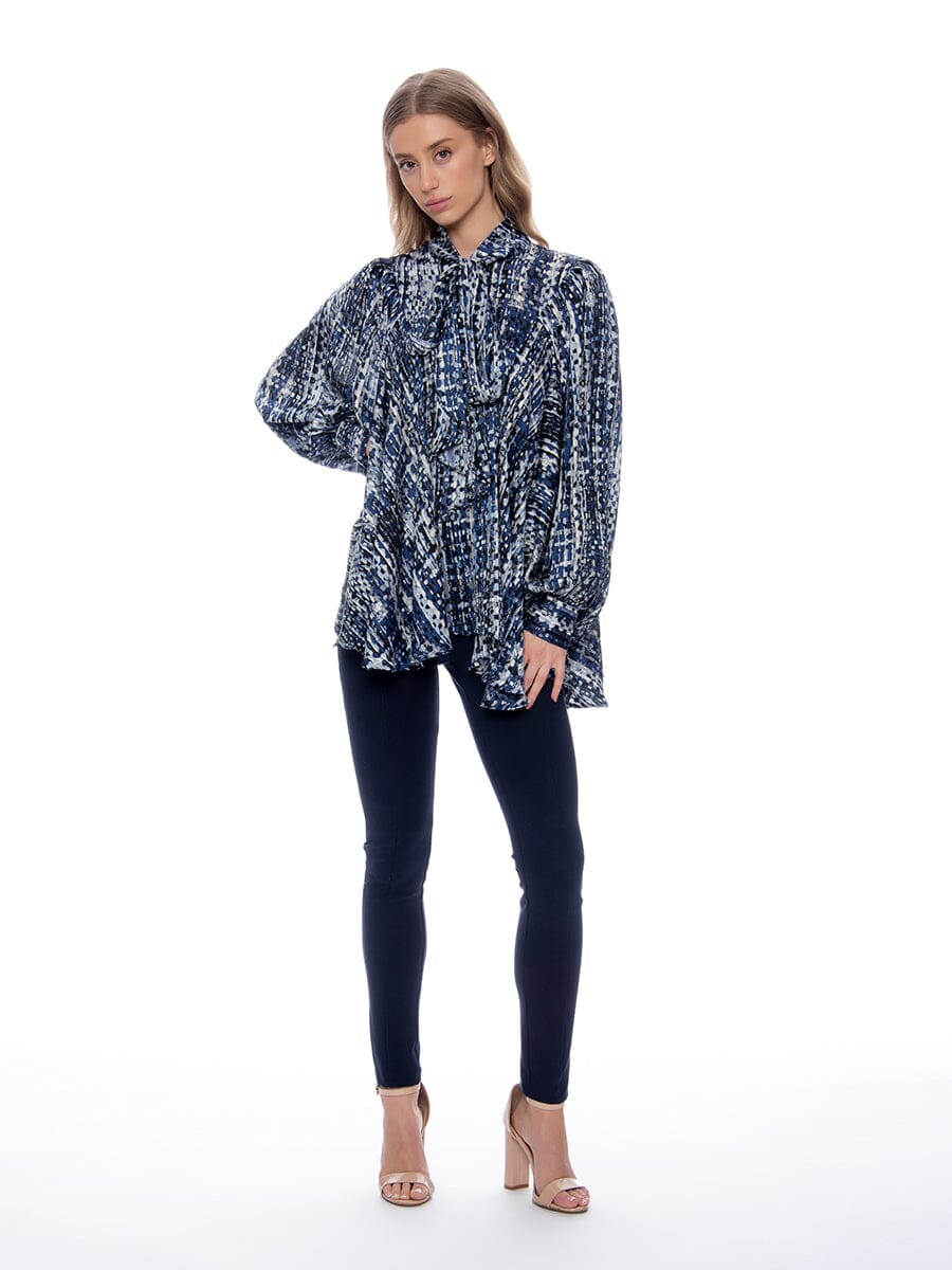 Geometric Print Satin Tie Neck Loose Fit Blouse TOP Gracia Fashion BLUE S 