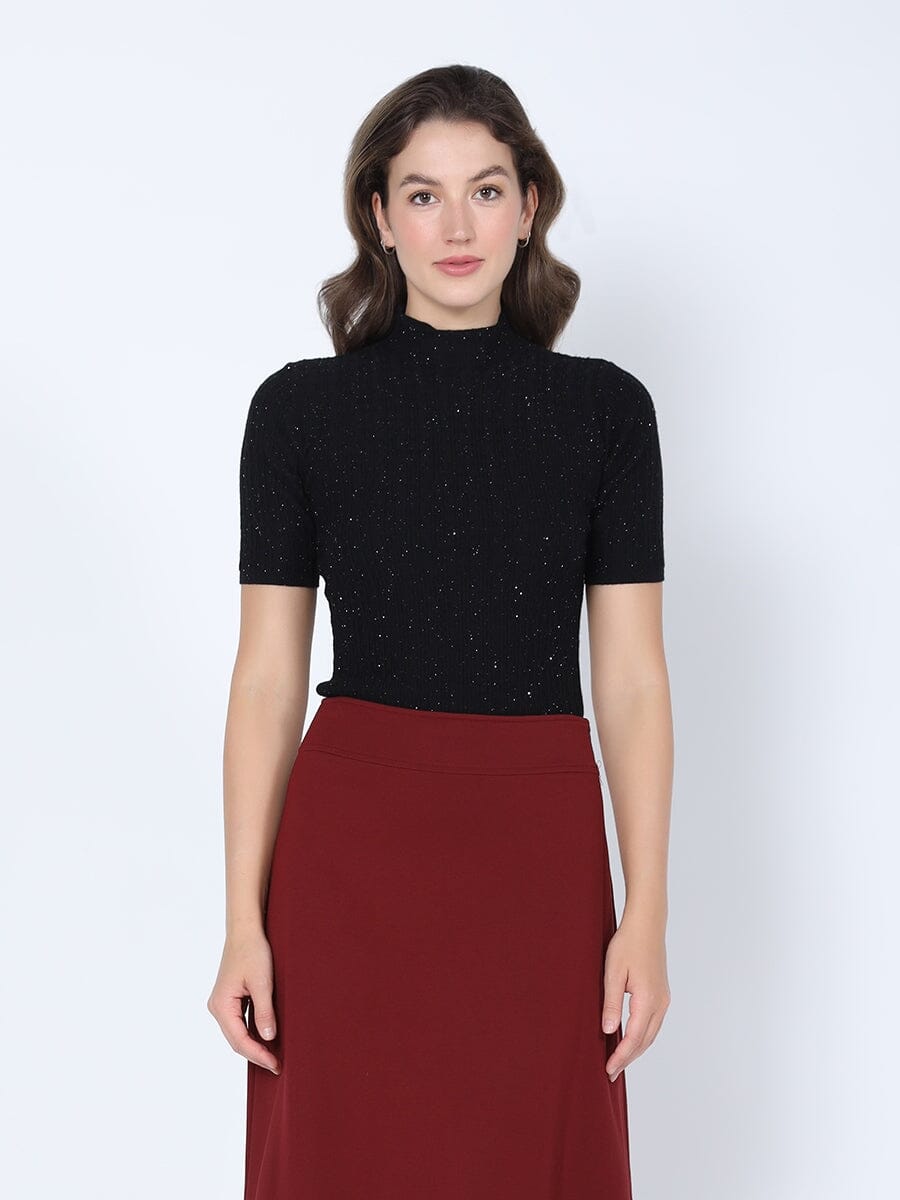 Glitter Knit Ribbed Mock Neck Top TOP Gracia Fashion BLACK S 