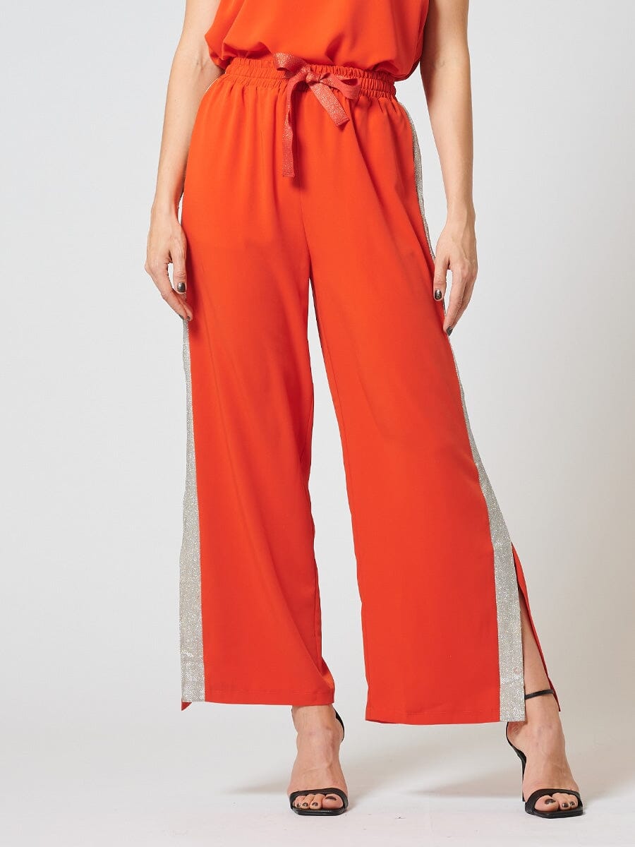 Glitter tape point side-slit wide pants PANTS Gracia Fashion ORANGE S 