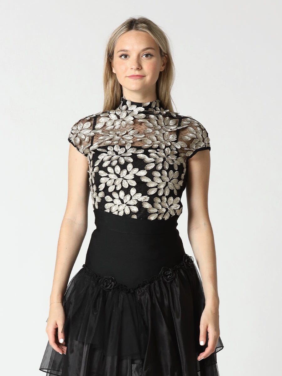 Gold Leaf Lace Top TOP Gracia Fashion BLACK/GOLD S 
