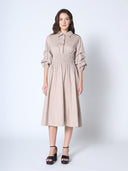 Gracia Fashion Women's Ruched Puff Sleeve & Waist A Line Midi Dress DRESS Gracia Fashion TAUPE S 