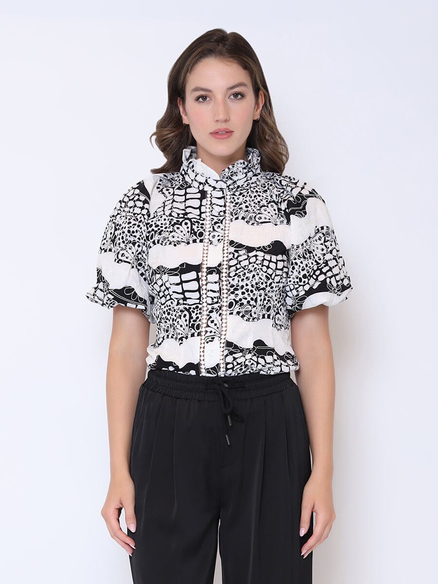 Graphic Print Floral Embroidered Puff Sleeve Shirt TOP Gracia Fashion WHITE S 
