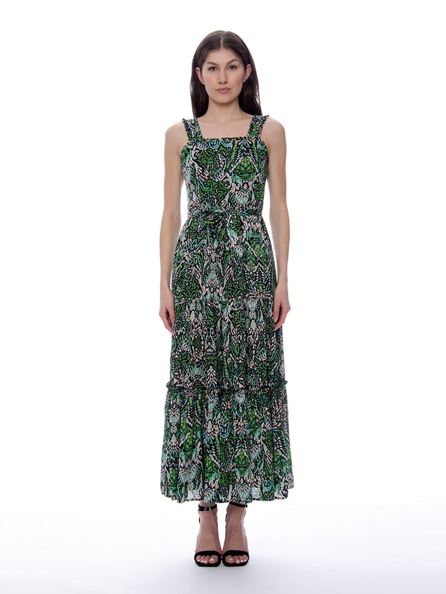 Greenery Vector Pattern Smocked Sleeveless Dress DRESS Gracia Fashion GREEN S 