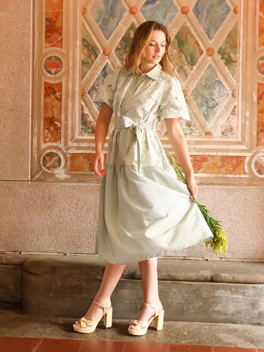 Half Body Lace Work with Belt Dress DRESS Gracia Fashion GREEN S 