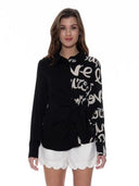 Half & Half Solid Print Long Sleeve Collared Top TOP Gracia Fashion BLACK S 