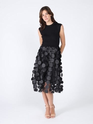 Half Knit Body Floral Mesh Long Dress DRESS Gracia Fashion BLACK S 