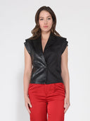 Half Pleather Panelled Half Plain Vest JACKET Gracia Fashion BLACK S 