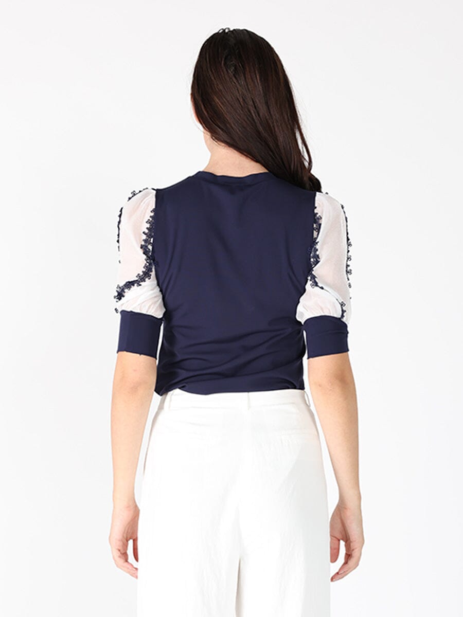 Half Sleeve with Flower Trim Detail Fitted Top TOP Gracia Fashion 