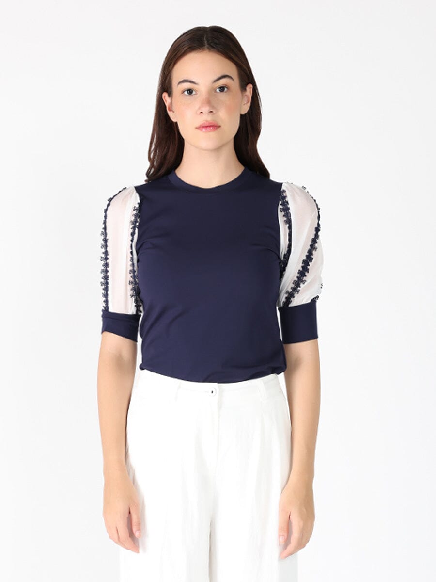 Half Sleeve with Flower Trim Detail Fitted Top TOP Gracia Fashion NAVY S 