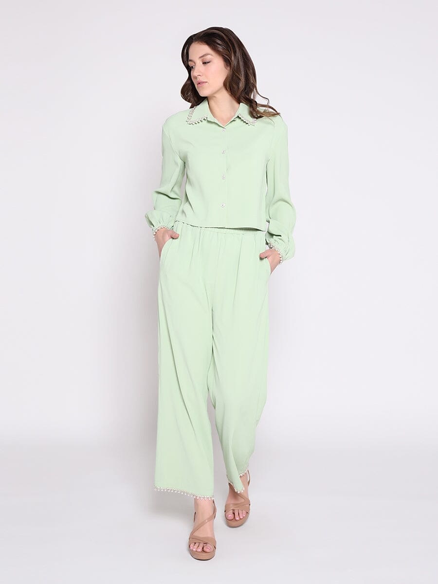 High Elastic Waist Pearl Hem Pants PANTS Gracia Fashion 