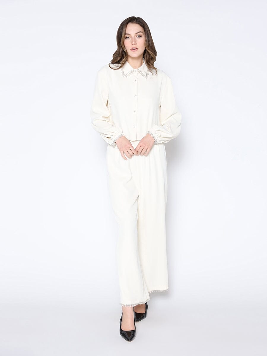 High Elastic Waist Pearl Hem Pants PANTS Gracia Fashion 