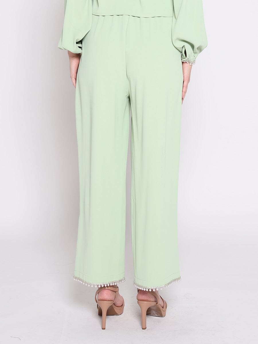 High Elastic Waist Pearl Hem Pants PANTS Gracia Fashion 