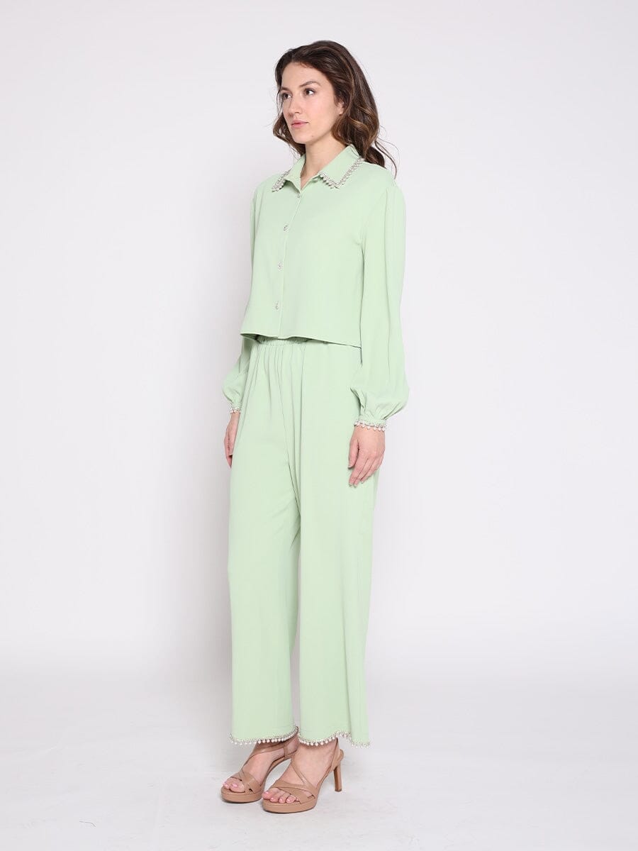 High Elastic Waist Pearl Hem Pants PANTS Gracia Fashion 